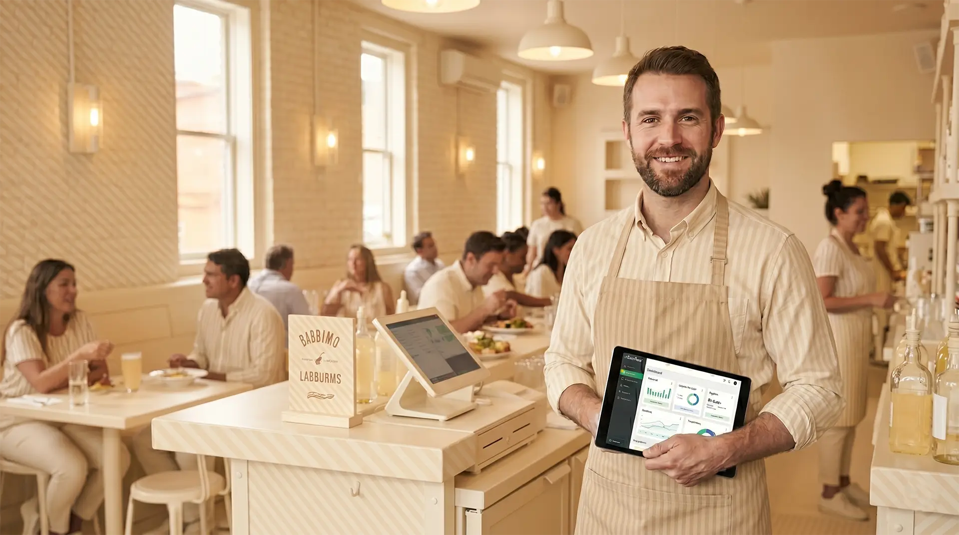 Operador de un restaurante independiente en Quito gestionando nómina, cierre de caja y cumplimiento legal con Kumber en un solo panel